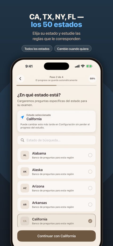 Selector de estado con los 50 estados y Washington, D.C.