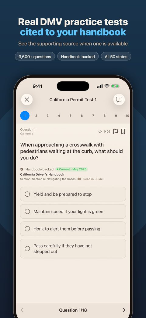 California handbook-backed practice test in the DMV Prep iPhone app