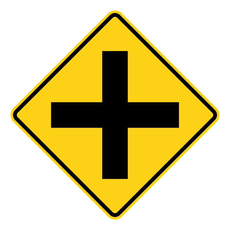 Crossroad Ahead Sign road sign — Yellow diamond with a black plus-shaped crossroad symbol