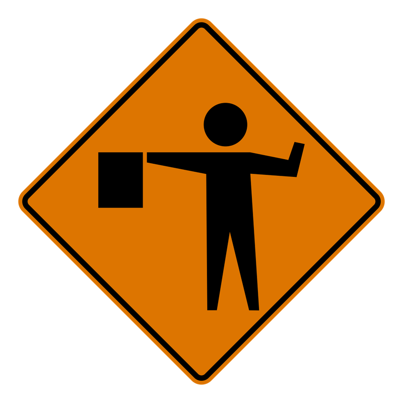 Flagger Ahead Sign road sign — Orange diamond with a symbol of a flagger holding a flag