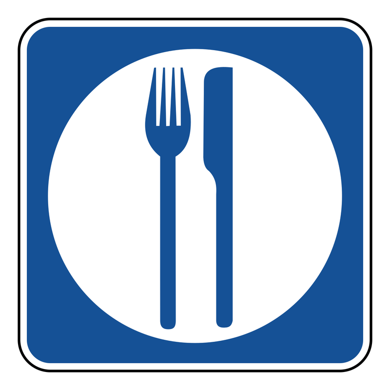 Food Services Sign road sign — Blue square with a white fork-and-knife symbol