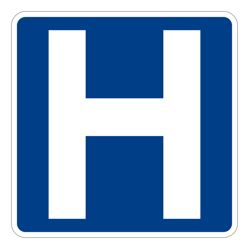 Hospital Sign road sign — Blue square with a white H symbol