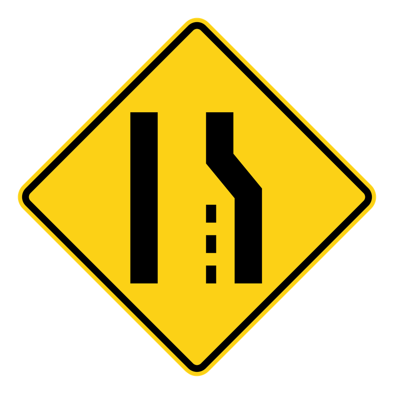 Right Lane Ends Sign road sign — Yellow diamond showing the right lane ending and merging left