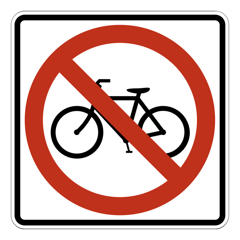 No Bicycles Sign road sign — White square with a bicycle symbol crossed by a red circle and slash