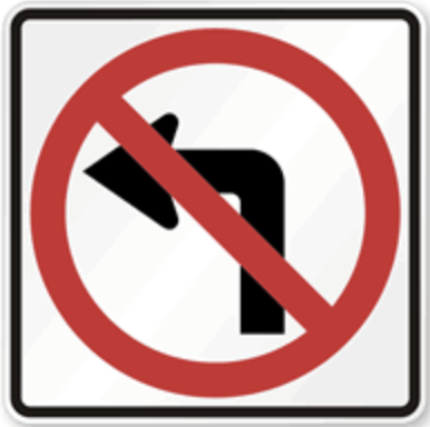 No Left Turn Sign road sign — Red circle with diagonal line through left turn arrow