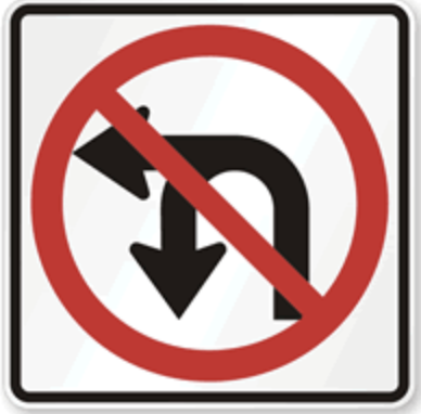 No Left Turn or U-Turn Sign road sign — Red circle with slash through combined left turn and U-turn arrows