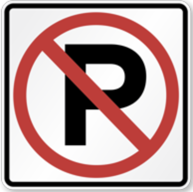 No Parking Sign road sign — Red circle with diagonal line through letter P