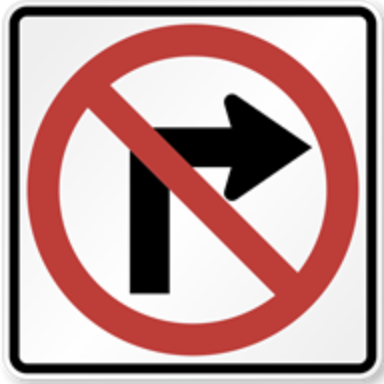 No Right Turn Sign road sign — Red circle with diagonal line through right turn arrow