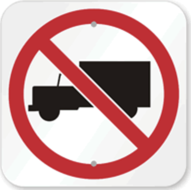 No Trucks Sign road sign — Red circle with diagonal line through truck symbol