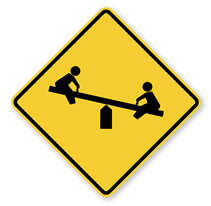 Playground Sign road sign — Yellow diamond with children on playground equipment
