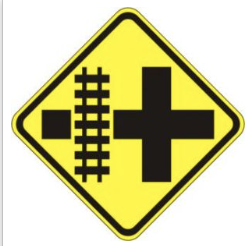 Railroad Intersection Left Sign road sign — Railroad crossing at intersection to the left