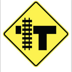 Railroad Intersection Right Sign road sign — Railroad crossing at intersection to the right