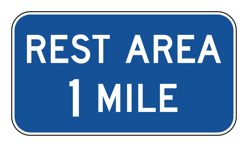 Rest Area Sign road sign — Blue rectangle reading REST AREA with distance