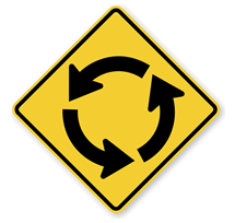 Roundabout / Traffic Circle Sign road sign — White sign showing circular traffic pattern with arrows