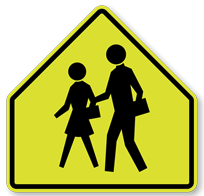 School Crossing Sign road sign — Pentagon-shaped sign with adult and child walking figures
