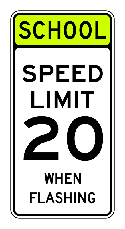 School Speed Limit When Flashing Sign road sign — White sign with SCHOOL header reading SPEED LIMIT 20 WHEN FLASHING