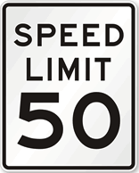 Speed Limit 50 Sign road sign — White rectangular sign with SPEED LIMIT 50 text