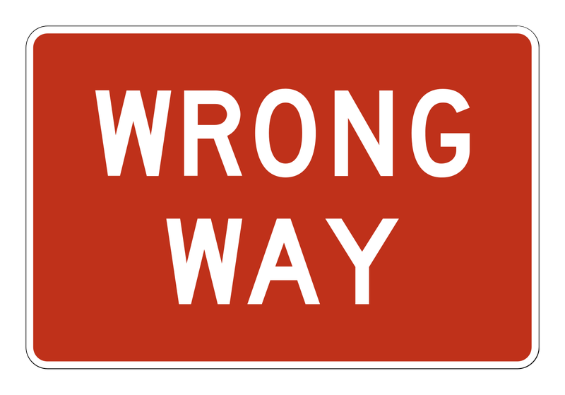Wrong Way Sign road sign — Red horizontal rectangle with white WRONG WAY text